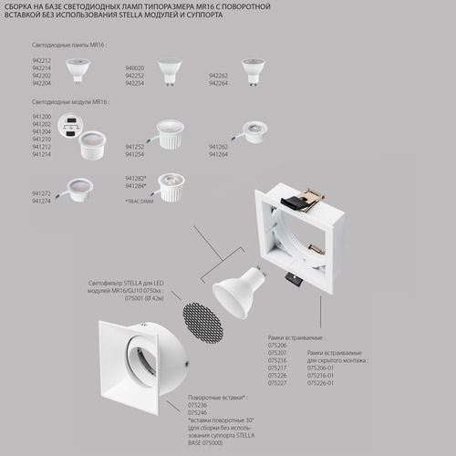 075216 STELLA Рамка квадратная встраиваемая для светодиодных модулей 0750xx